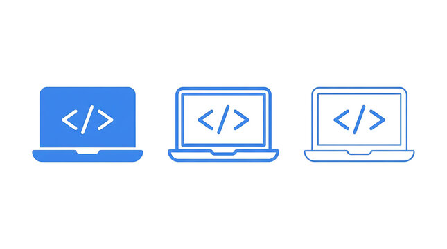 Three blue laptop icons with coding symbols isolated on transparent background