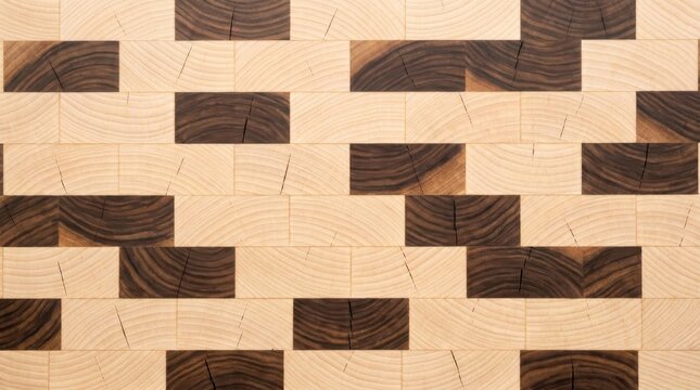 Detailed close-up top-down view of intricate wooden end grain cutting board featuring contrasting light pine and dark walnut blocks