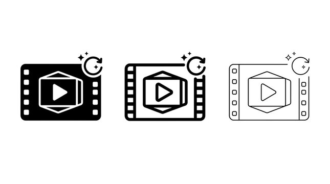 Three video refresh icons isolated on transparent background for digital media interface