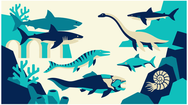 Prehistoric marine animals vector illustration featuring plesiosaur, dunkleosteus, ancient sharks, and ammonite in an underwater ocean scene