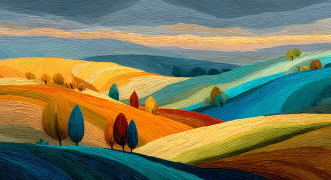Vibrant abstract landscape with rolling hills, stylized trees, and a soft gradient sky, evoking a sense of nature and fantasy
