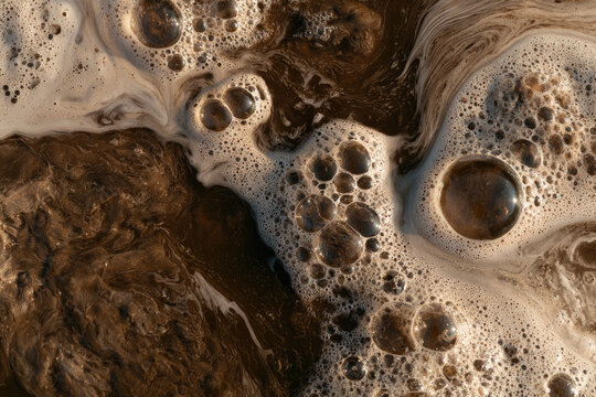 Aeration tank foam macro surface with organic froth, bubbling water, and brown activated sludge texture