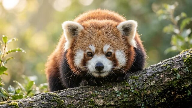 red panda close up on a tree in morning light at singalila national park video