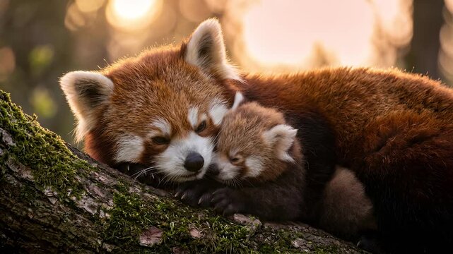 red panda with cub close up at sunset light in singalila national park video