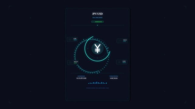 Digital yen currency orbit animation with data flow, financial tech, cyber finance, money growth, blockchain, network, web interface, UI element
