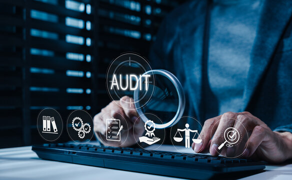 Audit compliance and quality inspection concept. Auditor holding magnifying glass with icons of legal justice scales, approved checklist, document folders, gear process, verification assessment