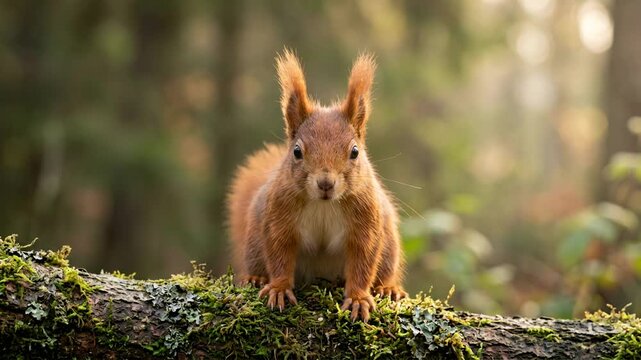 red squirrel frontal view close up in morning light at galloway forest park video