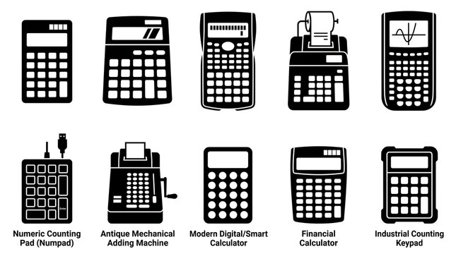 Set of ten black calculator icons isolated on transparent background for business use