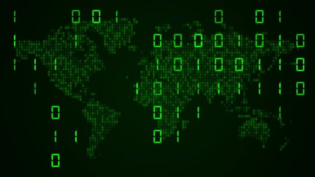 Digital glitch motion background featuring a green binary digital world map with glitching zero and one symbols. Ideal for cybersecurity, hacking and global networks concepts. Looping 4K animation.