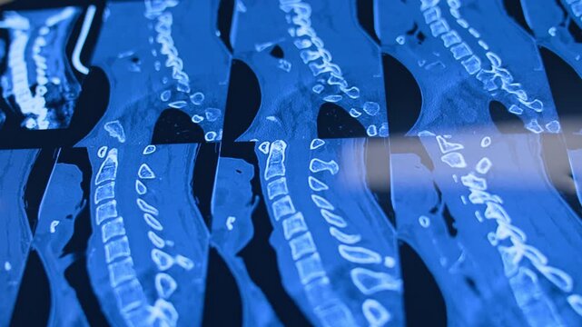 Multiple scan images show the cervical spine in profile. Rows of white vertebrae stand against blue and black backgrounds across the display.
