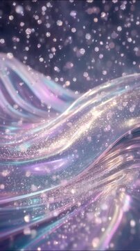 Flowing iridescent liquid waves shimmering with sparkling glitter particles, creating an elegant luxury background