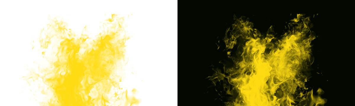 Yellow fire flames burst composition rendered on white and black background with fiery realistic texture and glowing smoke particle details isolated on transparent background