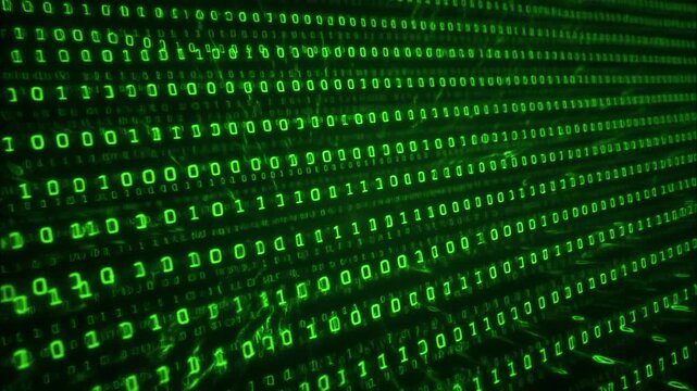 Green binary code numbers streaming on screen in dark virtual reality cyberspace representing computer matrix data network