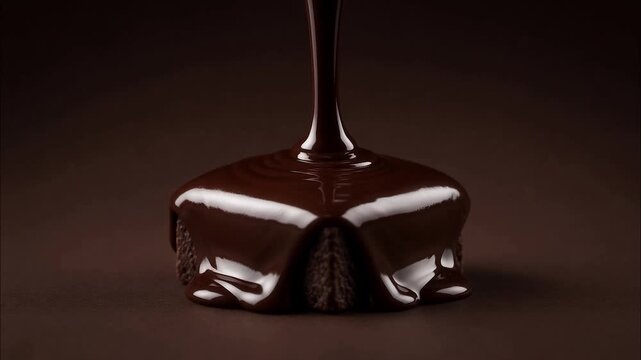 Melted dark chocolate sauce pours slowly over square brownie cake, covering gourmet pastry on dark background