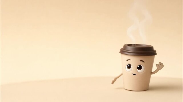 Animated paper coffee cup character smiling and waving hello, presenting hot steaming beverage on beige surface