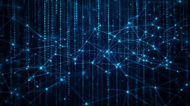 Digital plexus network connecting glowing data nodes against falling binary matrix code streams in cyberspace