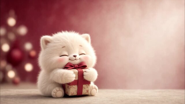 Cute fluffy white kitten hugging christmas gift box against festive red background with holiday lights decoration