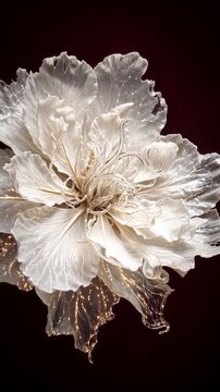 Elegant white glass flower blooming with golden glowing particles over a deep burgundy background in 3d animation