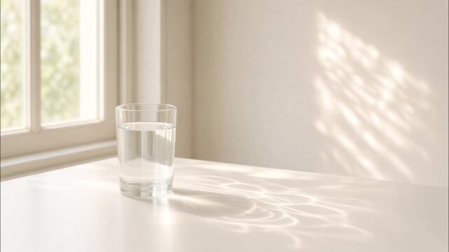 Clear glass tumbler of pure water standing on a white table reflecting rippling sunlight indoors near window