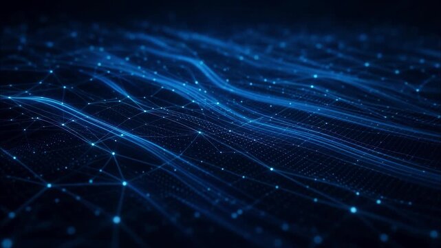 Blue digital network waves flowing with glowing particle trails and futuristic information grid connectivity