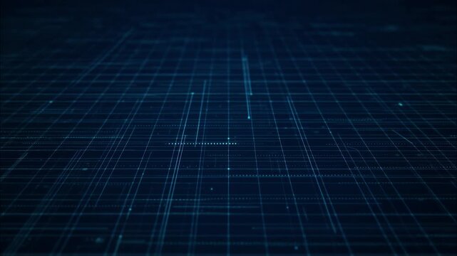 Glowing digital grid surface transmitting animated binary data streams and cyber particles across futuristic network plane