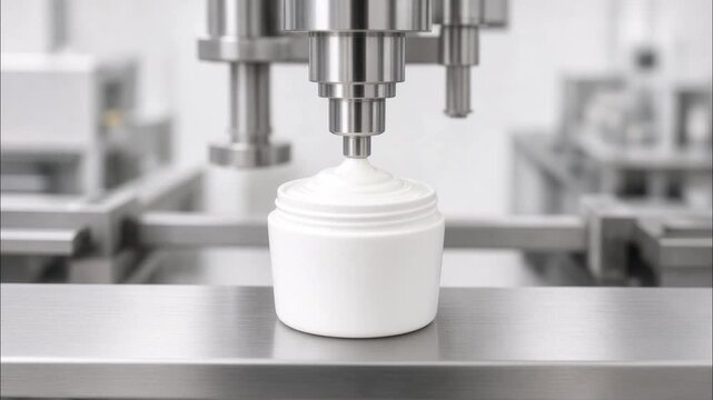 Automated cosmetic cream dispensing machine filling plastic jars with moisturizing lotion on assembly line