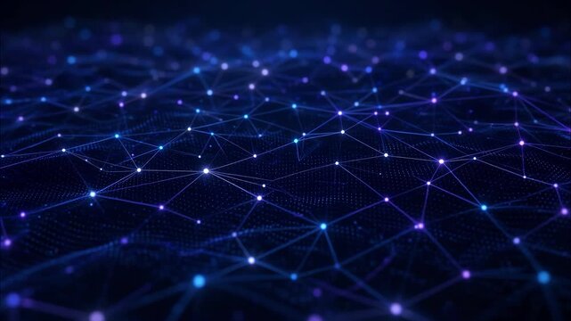 Digital plexus network undulating with glowing blue nodes and connecting lines in futuristic cyberspace background