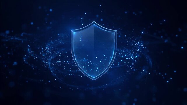 Digital cybersecurity shield icon glowing with blue particles representing network privacy and data protection