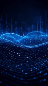 Blue digital particle wave flowing smoothly with glowing light trails across futuristic big data landscape