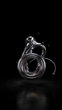 Liquid chrome abstract sculpture morphing and twisting with glossy reflections on a dark studio floor