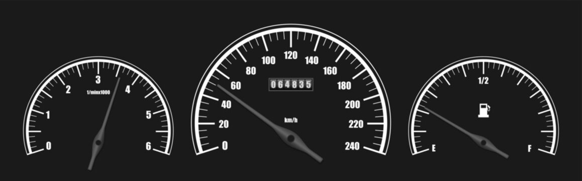 Realistic classic car dashboard isolated. Sport white auto ui display panel. Speedometer, tachometer, odometer, fuel level sensor. Grey kilometers per hour measuring scale. Vector Illustration