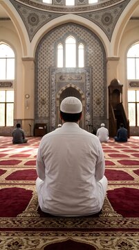 Muslim man praying inside a mosque interior with Islamic architecture