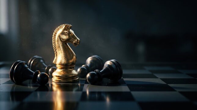 Golden Knight Chess Piece Standing Victorious Among Fallen Black Pawns on Board