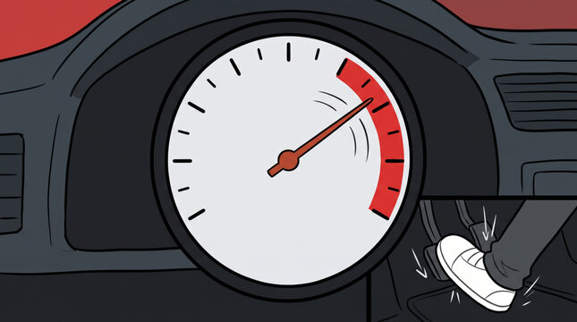 Car speedometer at redline and gas pedal for speed concept