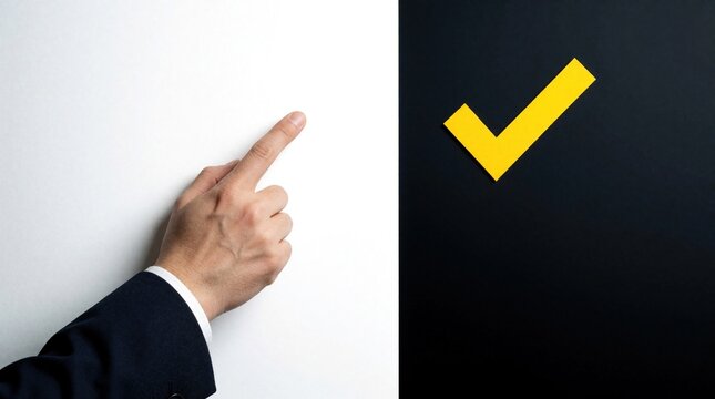 Human hand points to yellow check mark on black background. Businessman finger shows success symbol on split white, dark surface. Concept of correct choice, right answer, positive vote, approval,