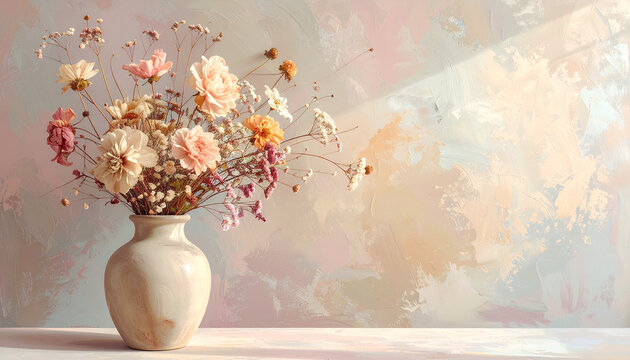 Soft pastel floral arrangement in ceramic vase