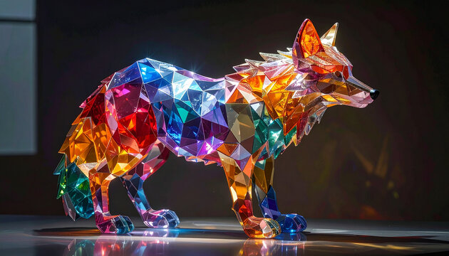Crystal wolf sculpture with rainbow facets on dark background