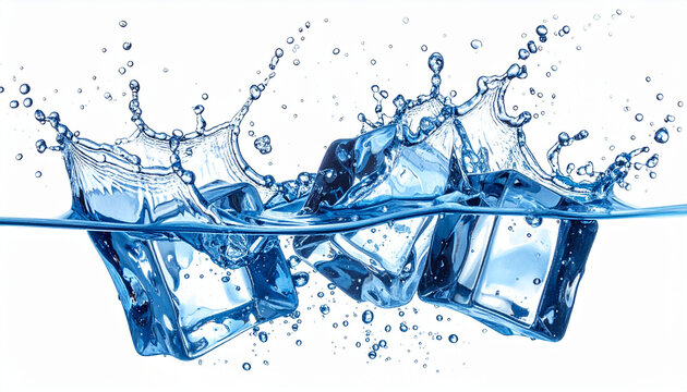 Ice cubes splashing into water with splash and bubbles
