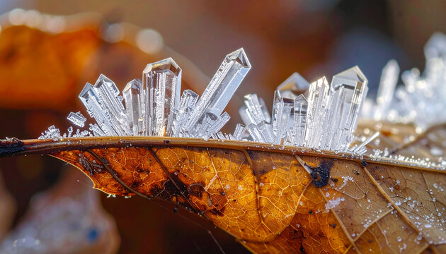 Macro shot of ice crystals on a dry leaf