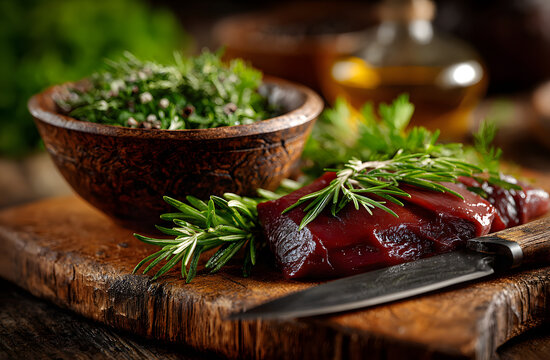 Board with raw liver, dill, bowl of dried rosemary and knife on wooden background