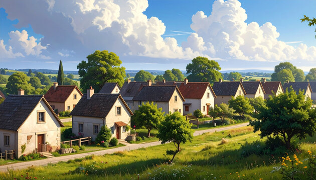 Picturesque village of houses in a green landscape
