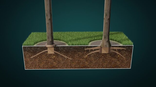 Girdling root strangling tree trunk vs healthy radial roots, 3D