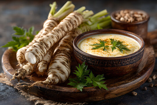 Composition with cutting board, bowls with horseradish sauce and roots on grey grunge background, closeup