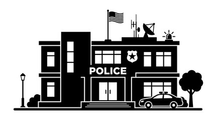 Police station silhouette with flag and patrol car on white background © Sekh