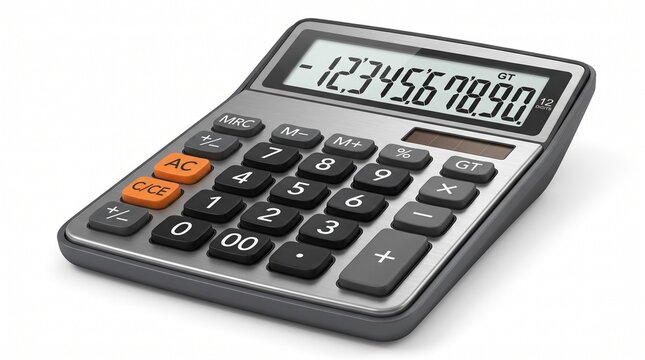 Modern desktop calculator with large buttons and a clear display, isolated on a white background
