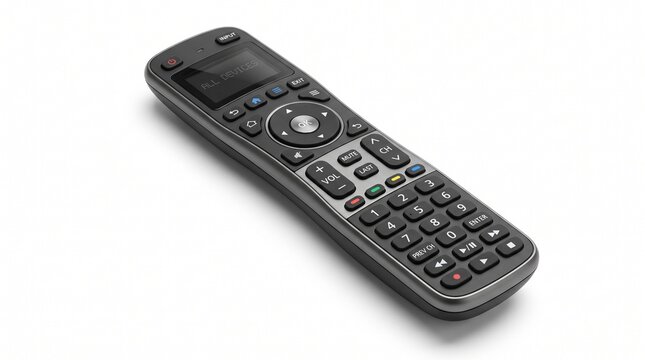Modern universal remote control with organized buttons, isolated on a white background, simple composition
