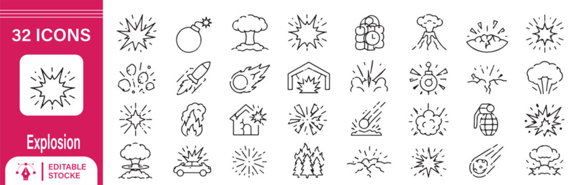 32 Explosion Vector Outline Icons Set &ndash; Blast Effects, Bomb Detonation, Fireworks, Shockwaves, Impact Bursts and Destructive Force Line Symbols Collection