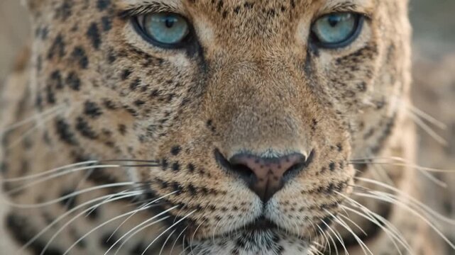 Close-up of a majestic leopard's face with striking blue eyes