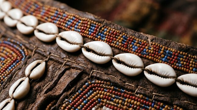 Macro Detail of Handcrafted Cowrie Shell Beadwork Necklace