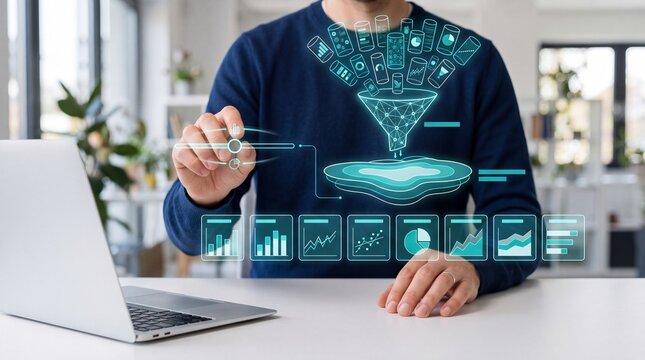 Futuristic digital interface with data analysis and visualization on a laptop